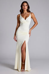 Elfenbein Standesamtkleid aus mattem Satin mit V-Ausschnitt und Schlitz